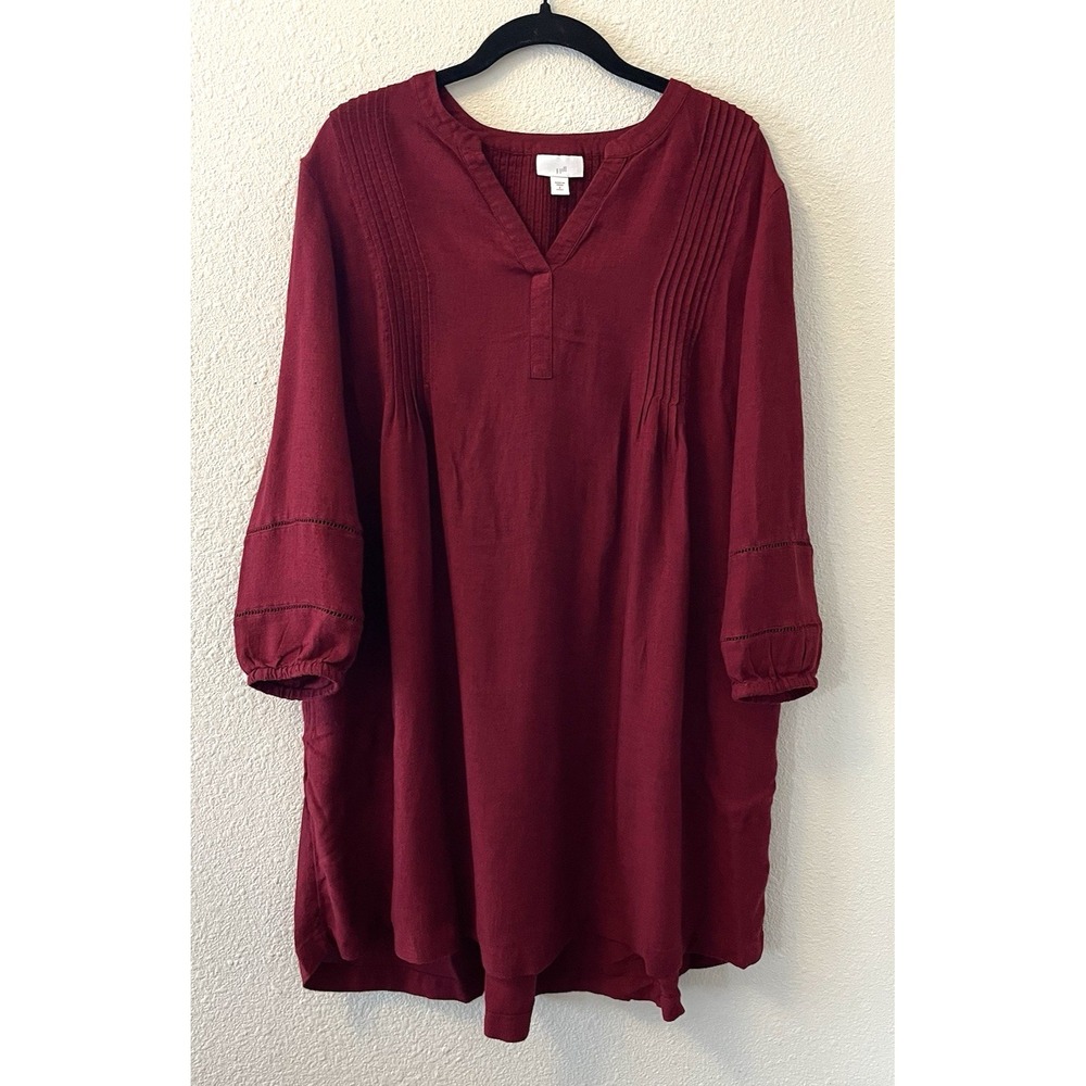 J. Jill Pintuck Dress Size Petite Small Brushed Twill V-Neck Burgundy Classic